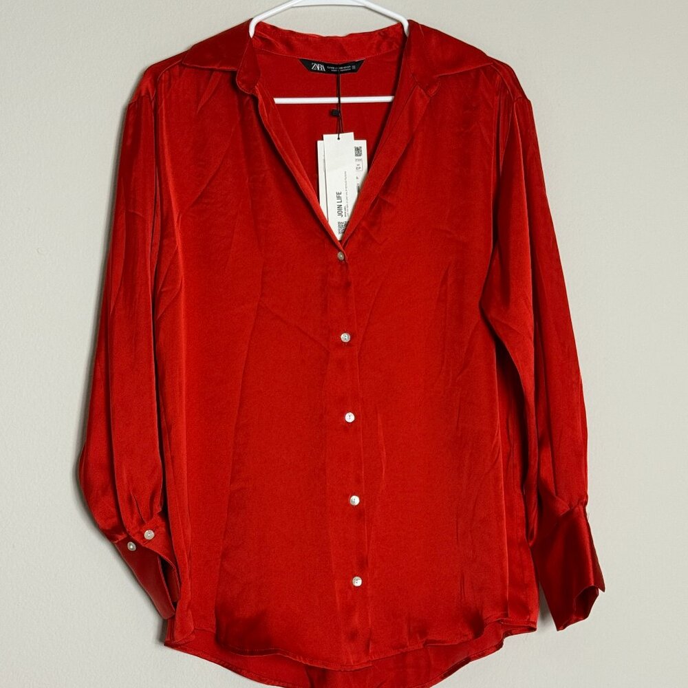 Zara Satin Effect Basic Shirt Button Up  Red Size XS NWT!